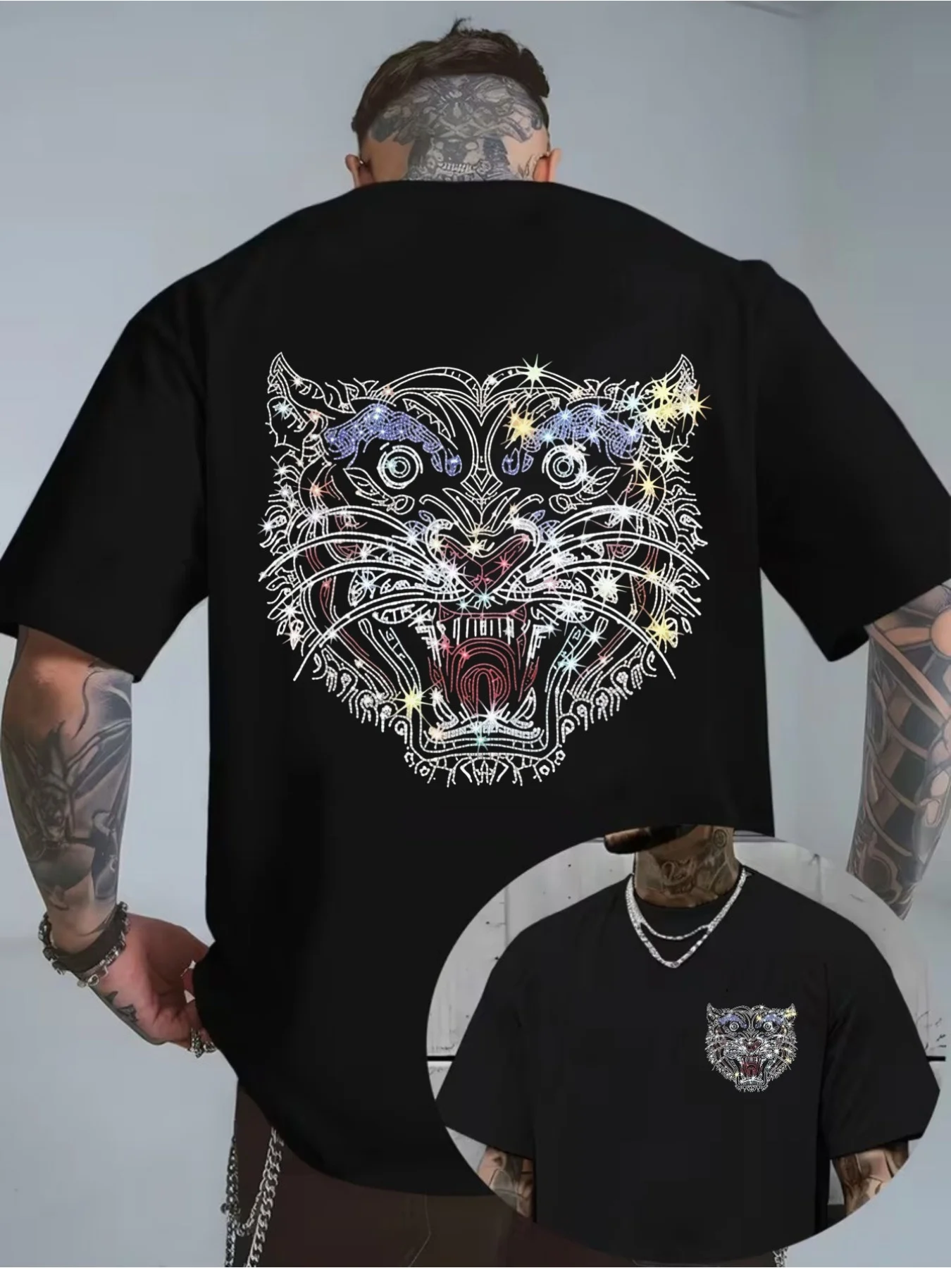 Men'S Retro Rhinestone Tribal Tiger Head Graphic T-Shirt, Sparkling Ornate Big Cat Casual Summer Tee