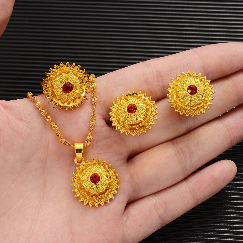 Red CZ Stone Gold Color Ethiopian Set  Necklace Earring Free Size Ring Habesha Jewelry Eritrean Best Holiday Wedding Paday Gifts