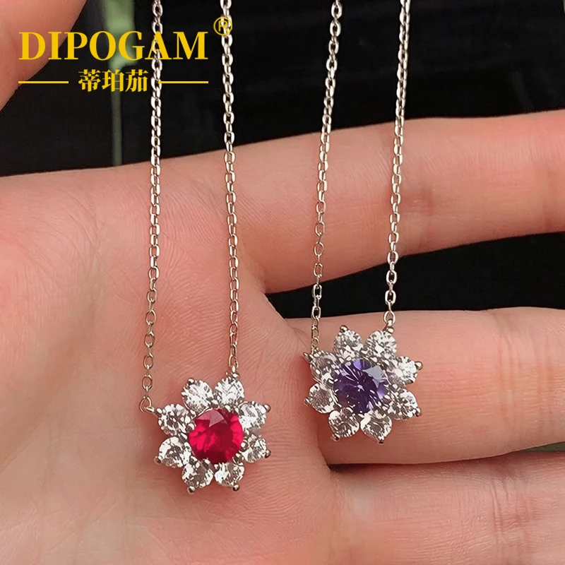 

DIPOGAM 925 Sterling Silver Sunflower Necklace Lab Created Ruby Gems Pendant Halo Setting Elegant Fine Jewelry Gift For Women