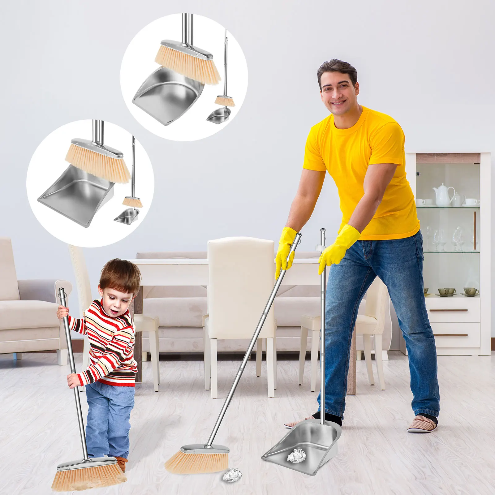 Stainless Steel Broom Dustpan Set Upright Broom Dustpans with Long Handle Heavy Duty Dustpan Broom Combo Set Portable  Sweeper