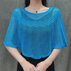 Korean Ice Silk Hollow Knit Sunscreen Shawl Female Summer Air Conditioning Neck Protection Pullover Knit Blouse Women's Cape V35