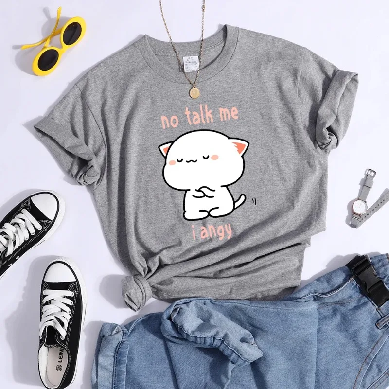 T-Shirt Women Fashion O-Neck Crop Top Street Hip Hop Tee Shirts Breathable Casual Tshirts No Talk Me I Angy Arrogant Cat Kawaii