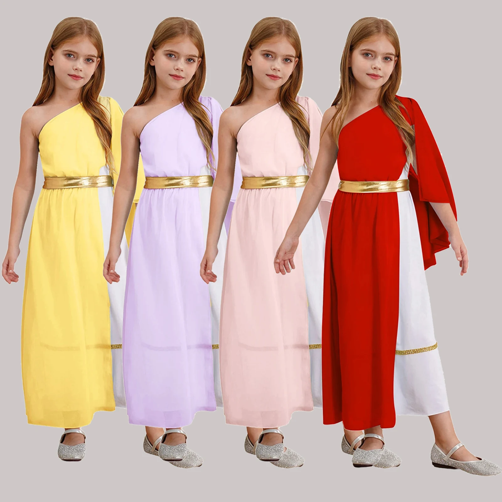 

Kids Girls Ancient Greek Roman Athena Goddesses Dress Princess Queen Halloween Cosplay Costume Sleeveless Flowy Dress Toga