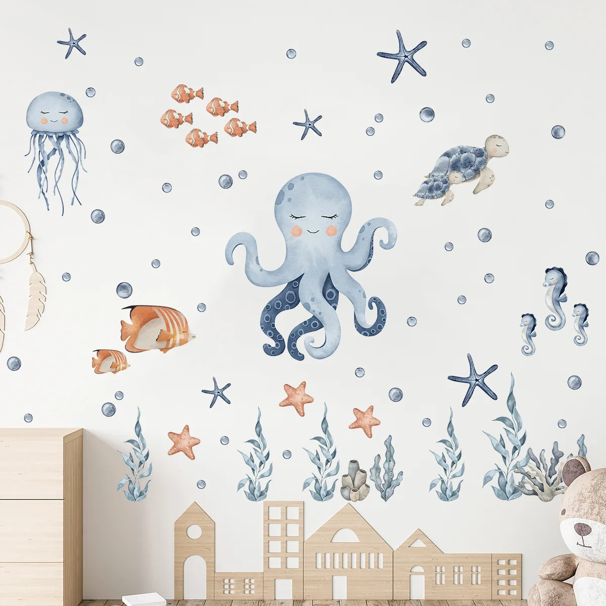 

Watercolor Cartoon Cute Marine Animals Octopus Turtle Wall Sticker Vinyl Nursery Kids Boys Girls Room Wall Decal Home Decor