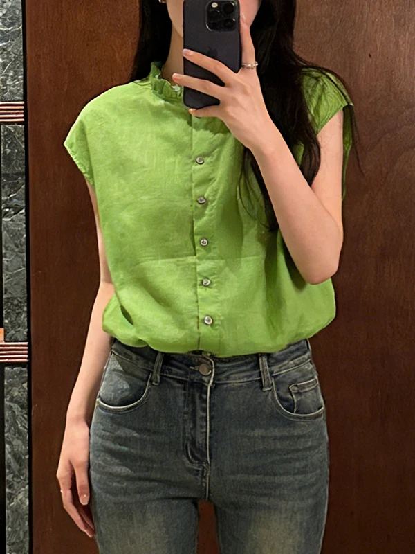 

Женская летняя блузка больших размеров с круглым вырезом, кружевными вставками и без рукавов, на одной пуговице, в корейском стиле, для повседневной носки, новинка