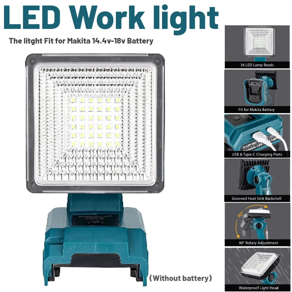 

Indoor Outdoor Emergency Lighting Tool Light With USB Type-C Charging Port For Makita 18V Li-ion Battery