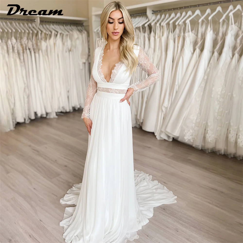 

DREAM V Neck Long Sleeves Boho Wedding Dress Chiffon Lace Illusion Back A Line Bridal Gown Sweep Train Custom Made