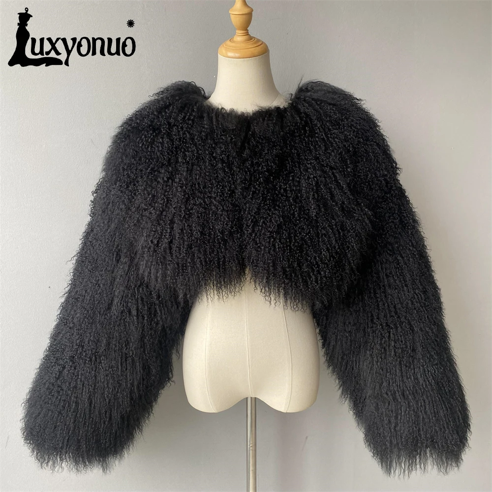 Luxyonuo Echt Mongolischen Schafe Pelzmantel Frauen Damen Mode Kurzen Stil Einfarbig Flauschigen Pelz Jacke Winter Warme Mäntel Weibliche