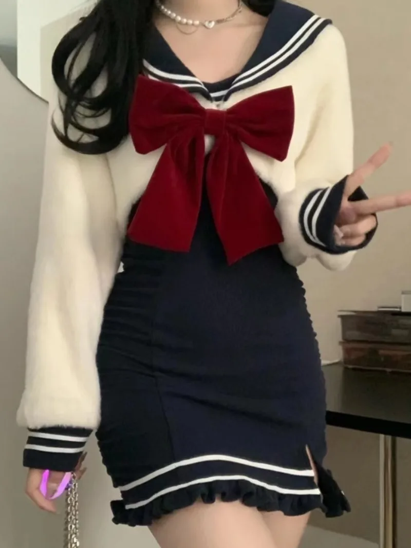 الخريف الشتاء Kawaii البحرية طوق القوس سترة الأزرق الداكن الحمالة تنورة Jk دعوى الملابس النسائية Y2k الحلو زي مدرسي 4XL