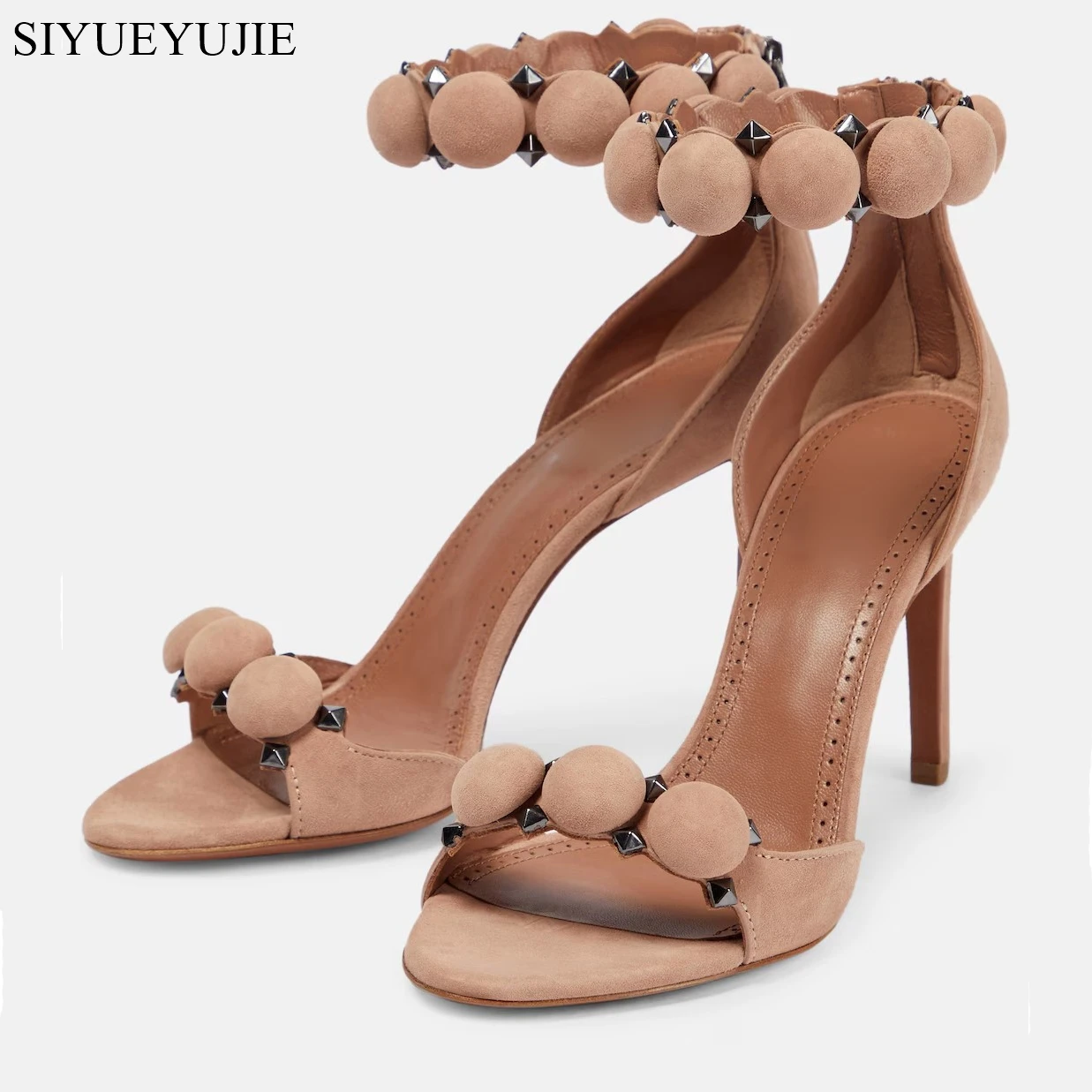 

Spring and summer new leather stiletto button ball bride wedding sandals banquet dress rivets large size 43 custom women's shoes