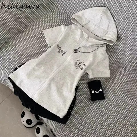 Cat Ears Sweatshirts Women Clothing Slim Fit Short Sleeve Zipper Hoodies Y2k Tops Casual Chic Anime Cute Hoodie Coat Ropa Mujer