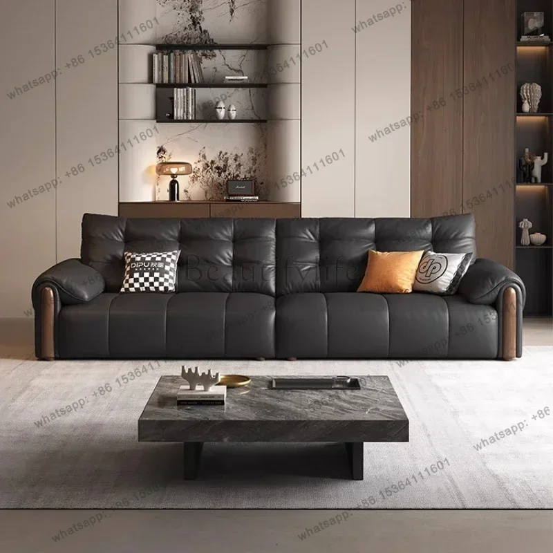 LSLuxury 3person Ottomans Sectional Sofa Neoclassical Solid Wood Decoration  First Layer Cowhide Sofa Living Room Black Couch