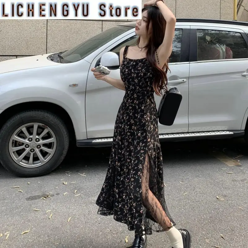 New Vintage Black Floral Dresses Women Korean Irregular Split Sexy Sleeveless Mesh Camis Dress Thin Slim Summer Female