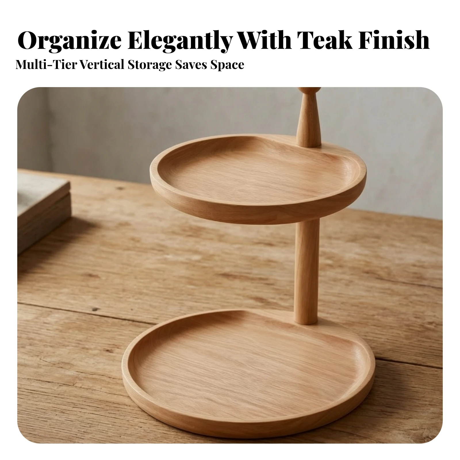 Tabletop Organizer Teak Finish Rubber Wood Organizer with Trays Entryway Key Holder with Wooden Post Multi-Functional