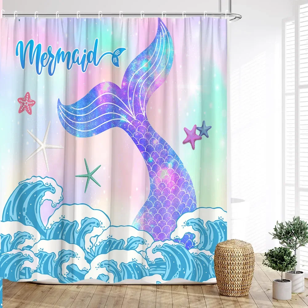 Mermaid Shower Curtain, Colorful Fish Scales Fish Tail Coral Underwater Fantasy Cartoon Kids Girls Home Bathroom Decoration