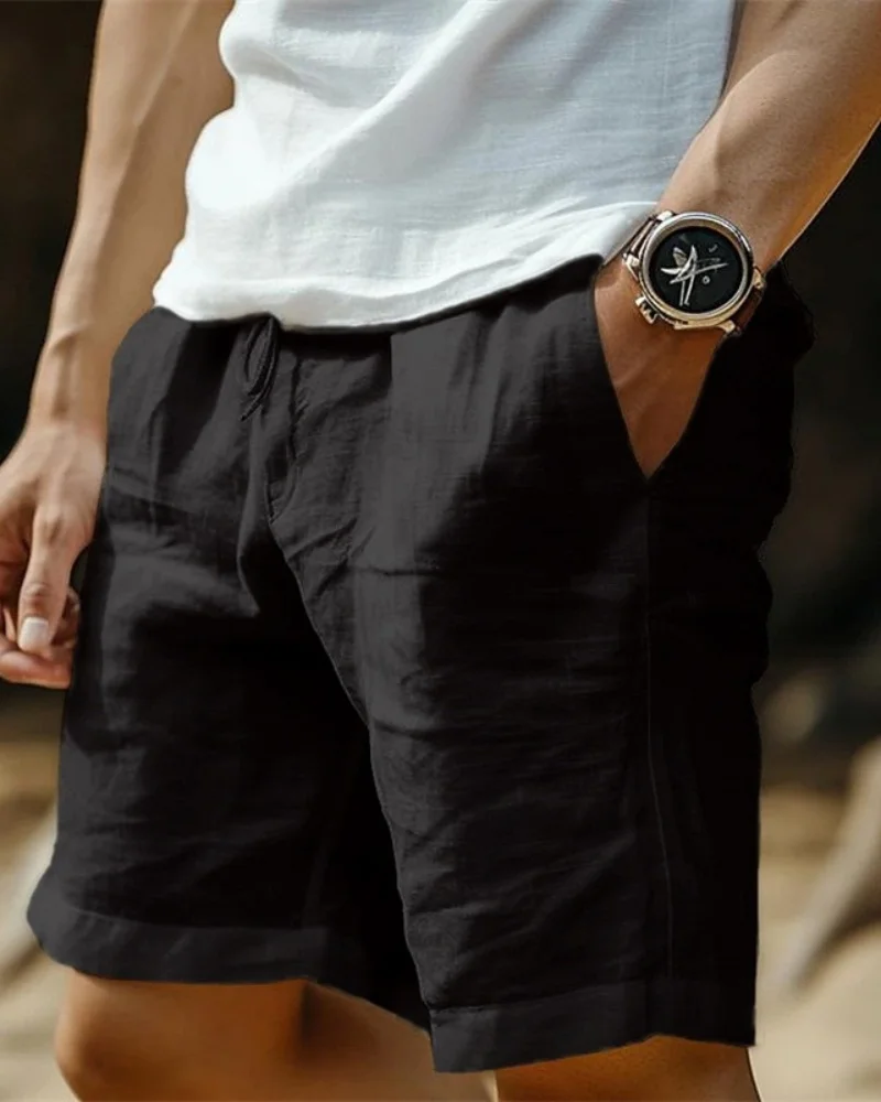 New Men's Cotton and Hemp Breathable Shorts Hawaii Beach Shorts Solid Color Loose Lightweight Shorts Street Wear