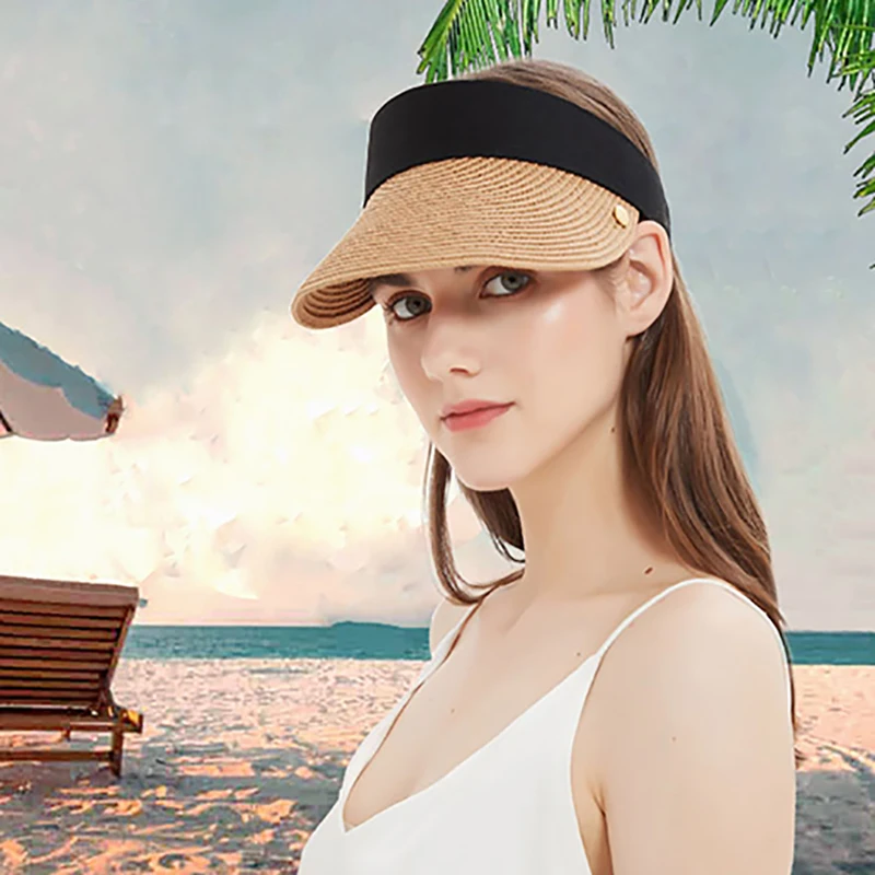 

2022 New Summer Empty Top Suncap Foldable Portable Roll Up Beach Hat Wide Brim Women Sun Hat Fashion Casual Straw Cap Visors