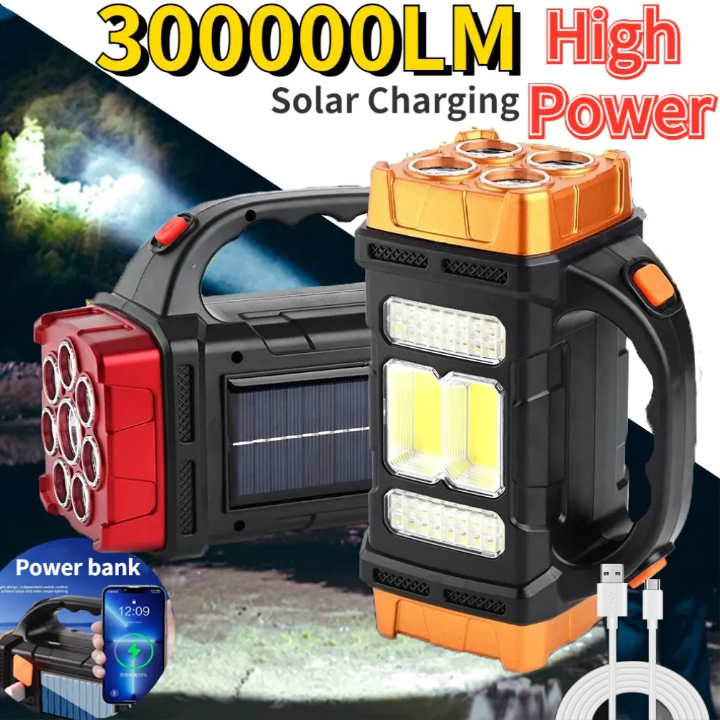 Rechargeable Portable Hand Lamp 8/4 LED Powerful Flashlight Outdoor Camping Solar Charging Light USB Torch With Work Lantern