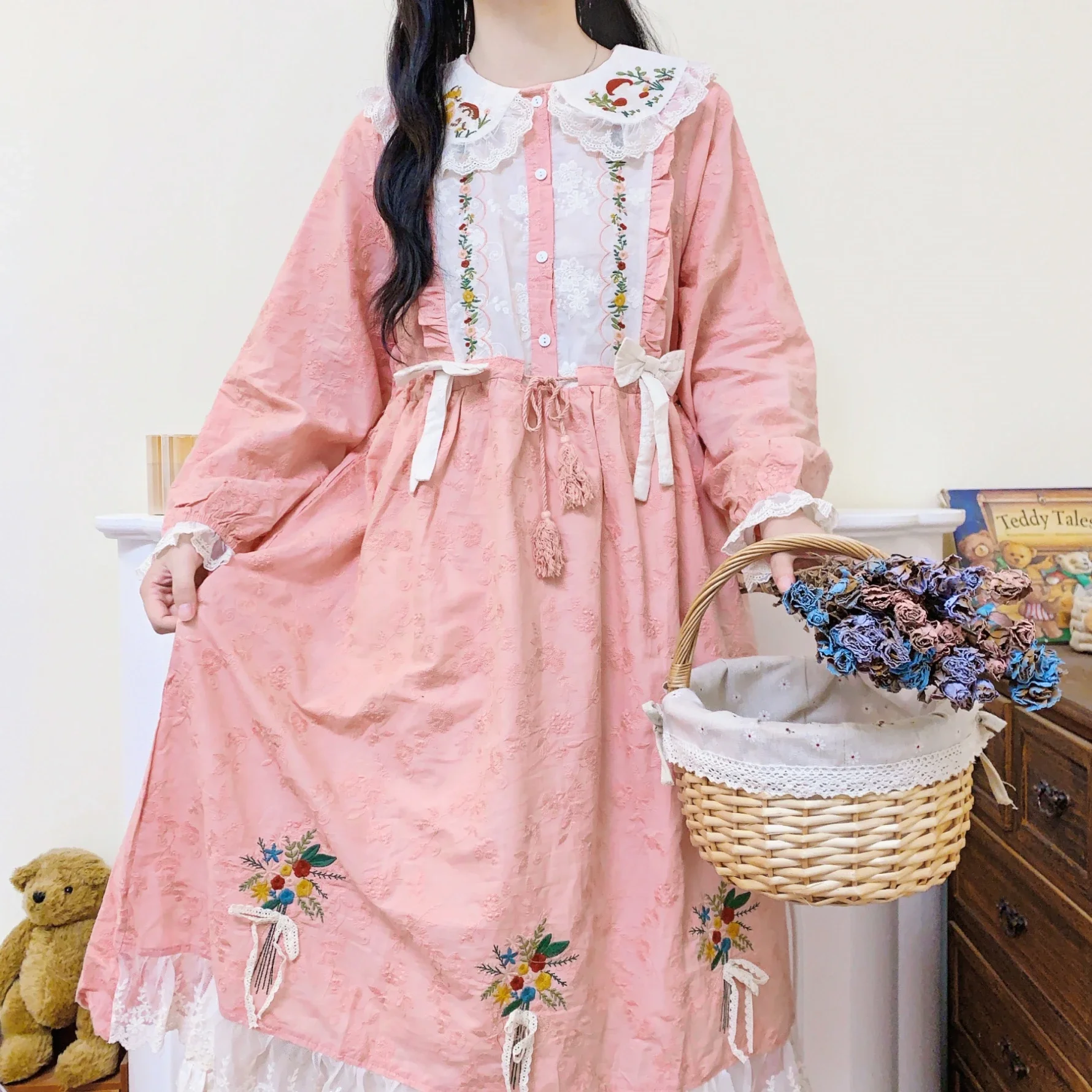 Rococo Sweet Cotton Floral Ruffled Lace Long Dress for Women Vintage Retro Chic Cottagecore Goblincore Lolita Evening Midi Dress