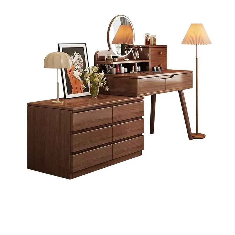 Medieval Vanity Table with Mirror Small Dresser for Bedroom Compact Makeup Desk Storage Cabinet Nightstand Space Saving
