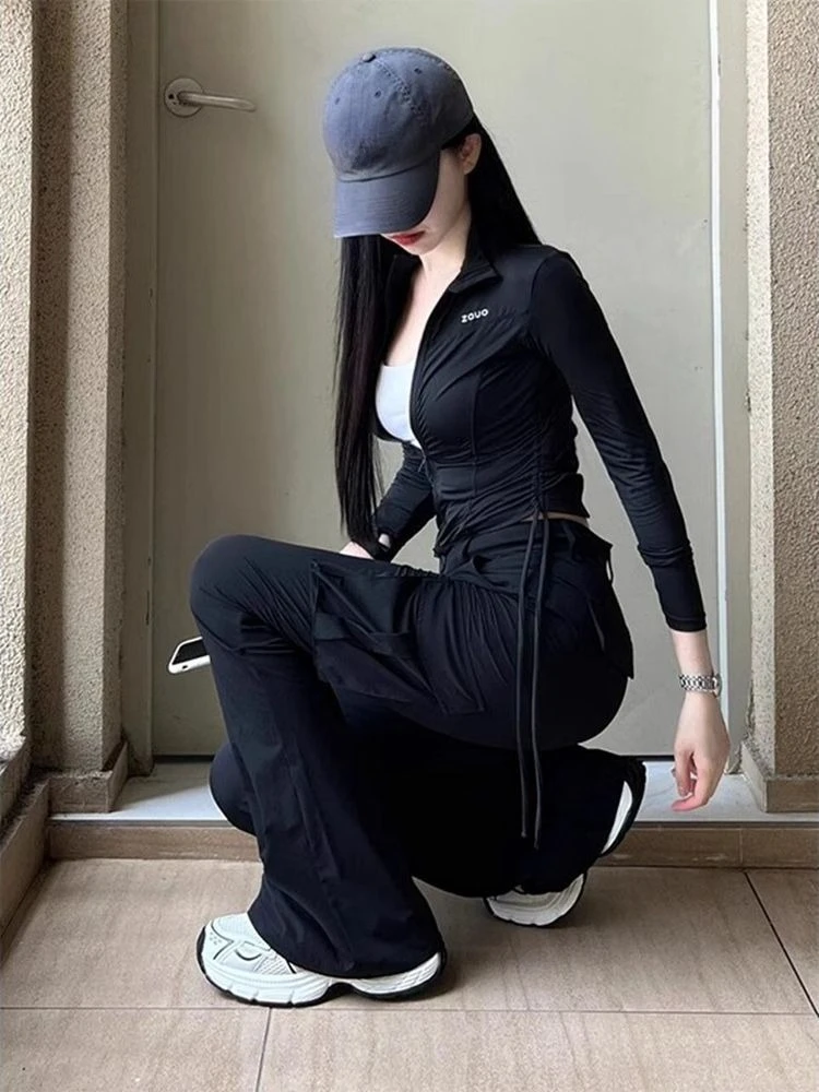 

Женские винтажные черные расклешенные брюки-карго из ледяного шелка, летние, легкие, облегающие, быстросохнущие, для уличной моды