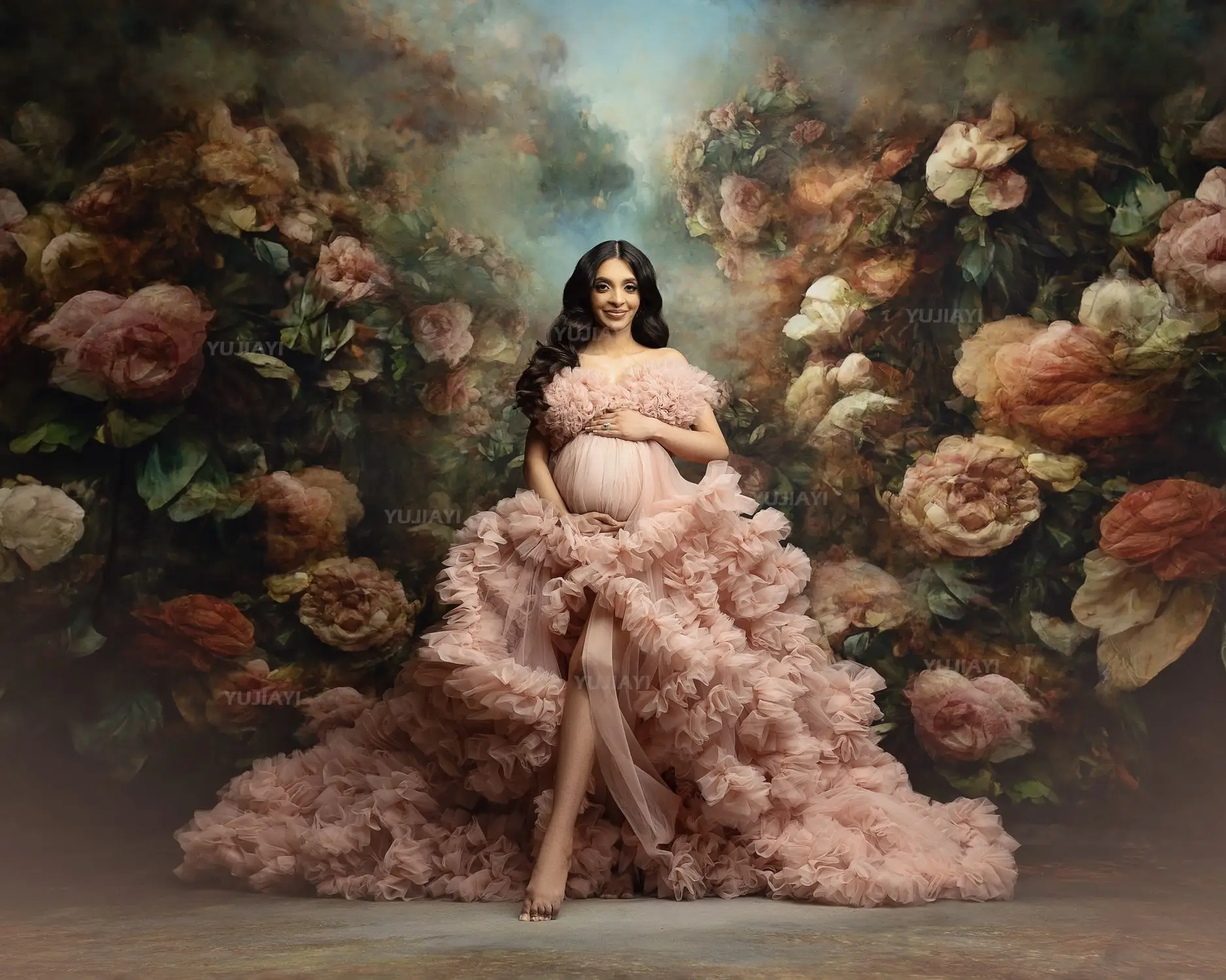 ฉัตรRufflesคลอดบุตรชุดราตรีPuffy Tulle Robesหญิงตั้งครรภ์ชุดด้านหน้าแยกงานแต่งงานเจ้าสาวชุดนอนการถ่ายภาพ