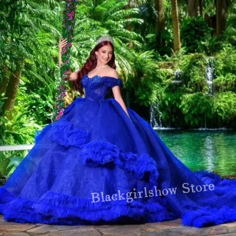 Vestido de princesa azul real para quinceañera, traje elegante de un hombro con apliques de encaje y volantes para baile de graduación, años xv