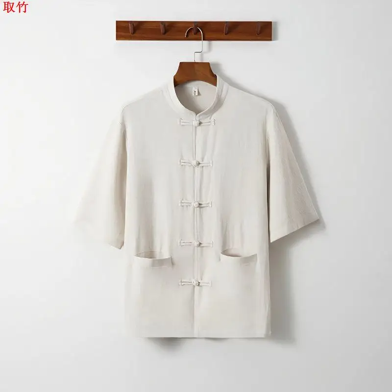 

Lightweight Linen ort Sve irt Loose Fit Summer New Chinese Sle Stand Collar Cotton Linen Tang Costume Men's Faion
