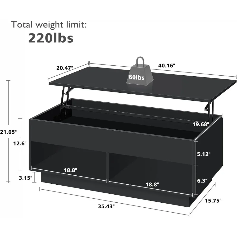 LED Coffee TableLift Top Coffee Tables with Storage Morden High Gloss 4 Tiers Black Table Center Tables Sofa Hidden Compartment