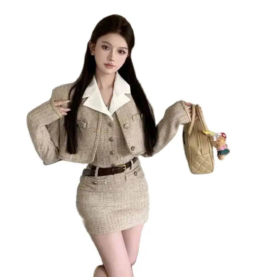 Women Autumn Winter Long-Sleeved Short Coat Short Skirt Sweet Suit Notch Collar Sleeveless Dress Two-Piece Set Of Women Clothes