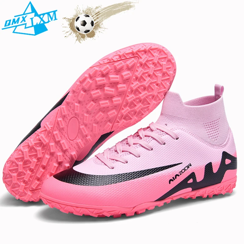 

LiXingMing Football Shoes Men Pink High Top Anti-Slip Teenager Grass Training Indoor Rubber Soft Spikes Women Soccer Sneakers