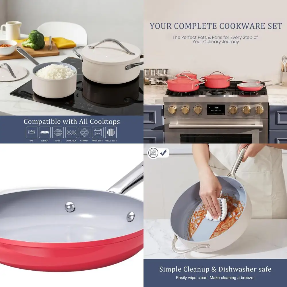 

10 Ceramic Nonstick Pan - Healthy Cooking for Eggs, Pancakes, Stir Frys, Even Heat, Oven Safe to 500°F, All Cooktops, Fusion Red