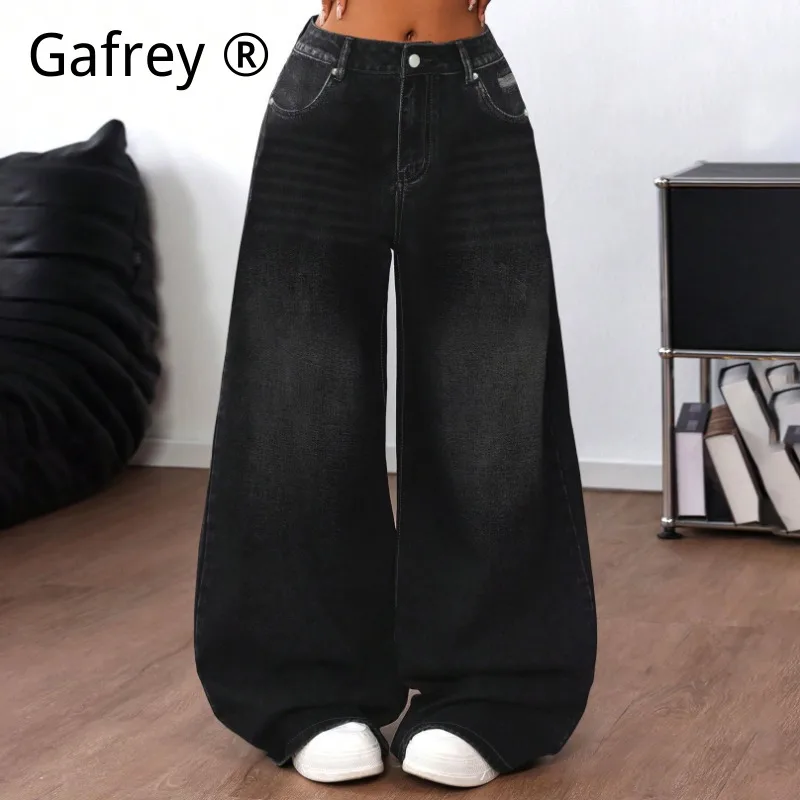 XXL XL L M S Women Retro Washed Ripped Denim Jeans Loose Wide Leg Floor Length Casual Streetwear Baggy Long Pants for Ladies