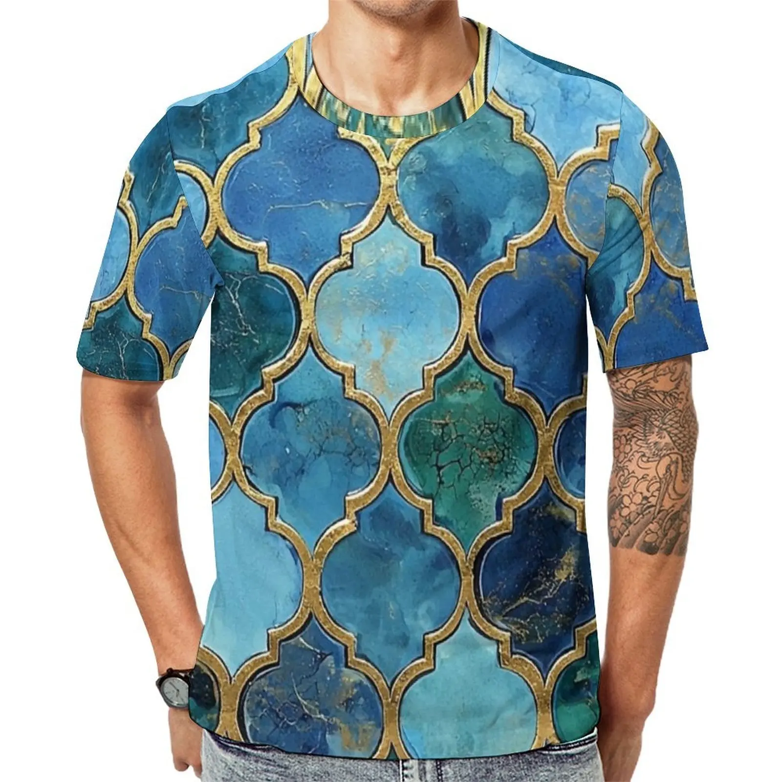 Big Size T Shirt Summer Ocean Marble Gold Moroccan Tile T-Shirts  Streetwear Crew Neck Tshirt Man Fashion Graphic Tops