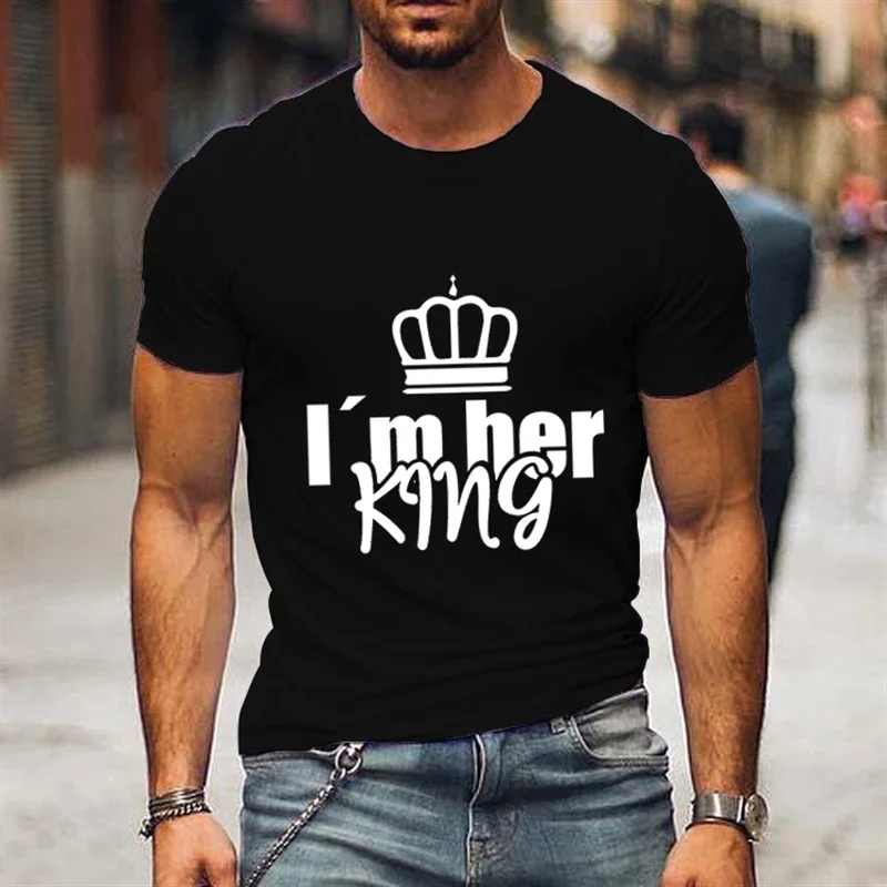 Funny Letter Men and Women Matching Short Sleeve 2024 Couple Crown T-shirt I'm Her King I'm His Queen Print T-Shirt