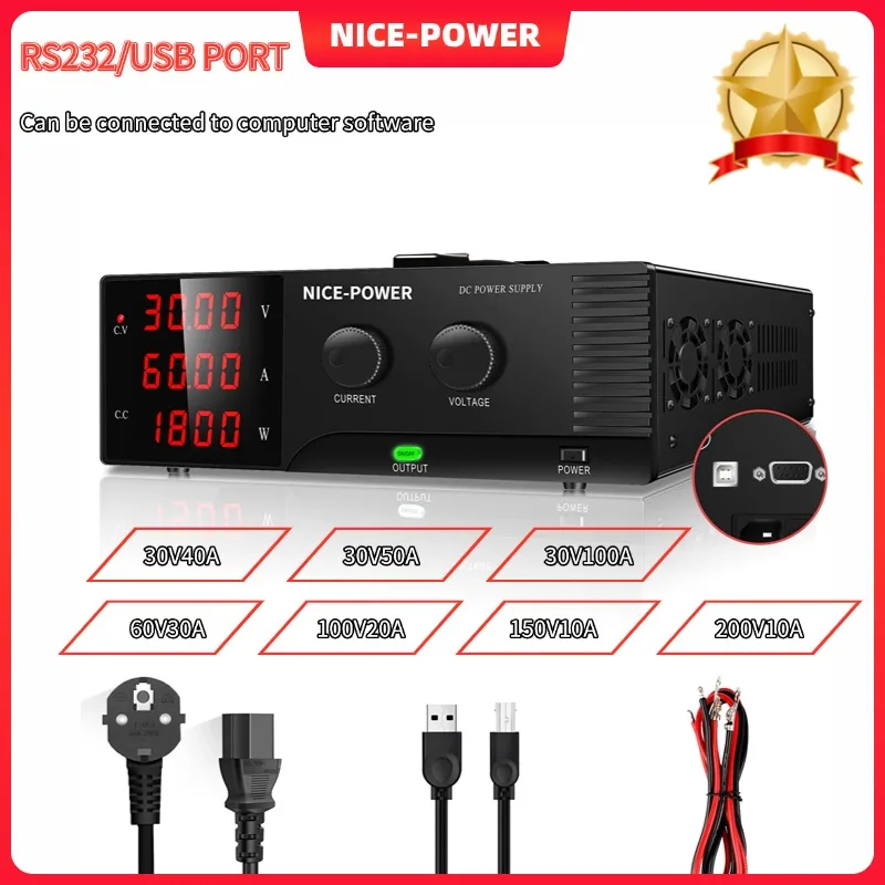 High Power Bench Power Supply 30V60A DC Lab Adjustable Regulated power supply With Output Switch RS232 Software Control 100V200V