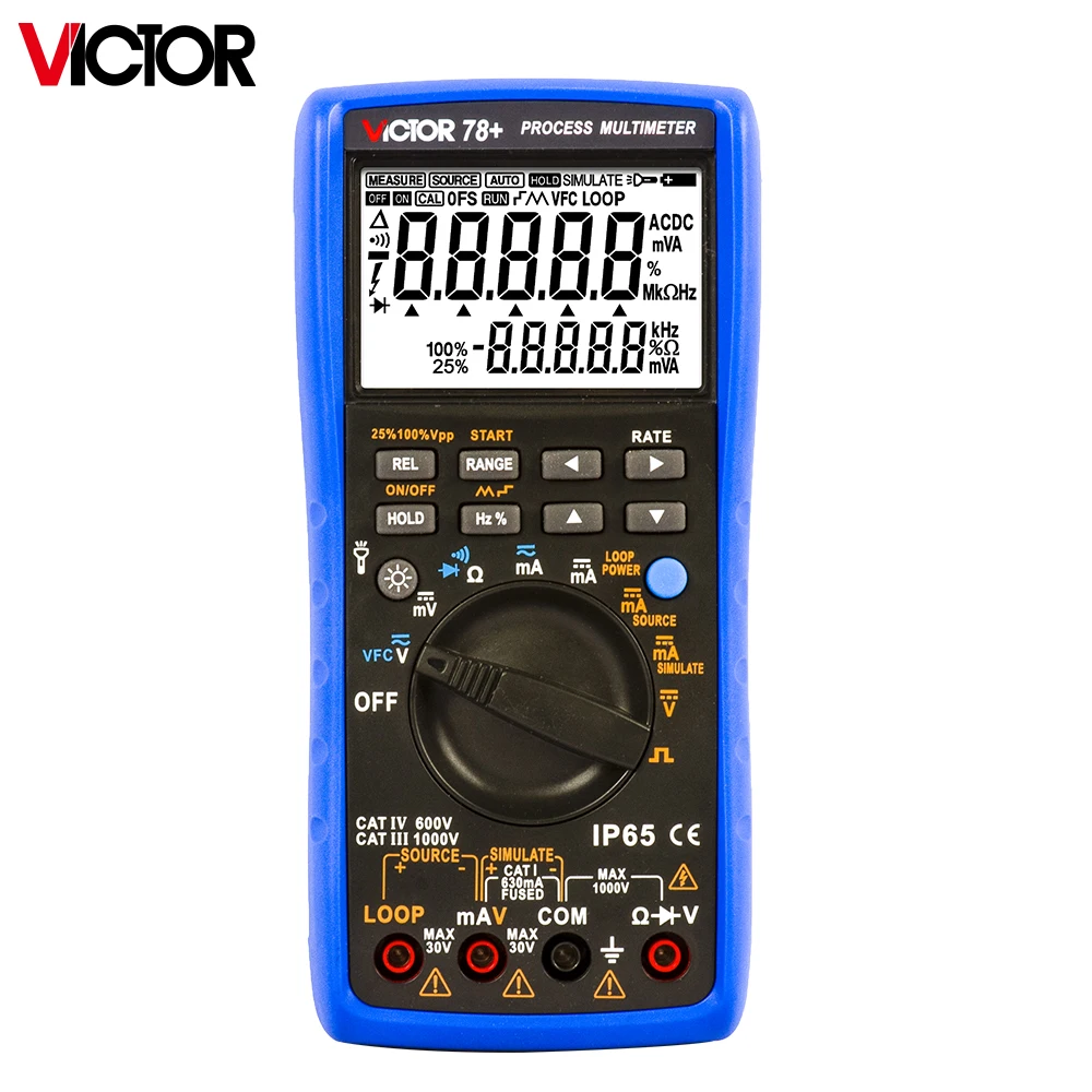 Victor 78+ Multimetro di processo digitale Retroilluminazione Vero RMS AC/DC Amperometro Voltmetro Ohm Frequenza Diodo Temperatura Transistor Test