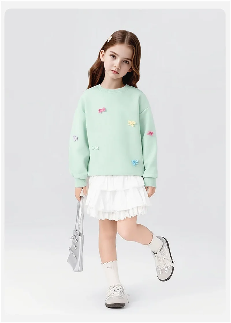 Girls Fashion Sweatshirt Spring Children Candy Color Bow Pullover Autumn Kids Skin-friendly Long Sleeve Tops Clothes 4-14 Years