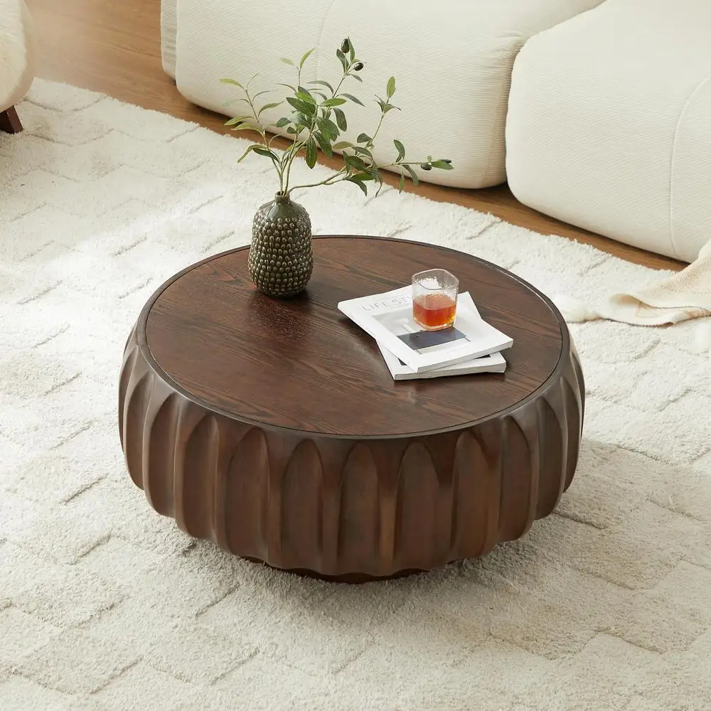 Mesa de centro redonda de madera maciza, marco de madera de Saman tallado escultural, chapa de fresno, tapa de grano de montaña, diseño Natural elegante
