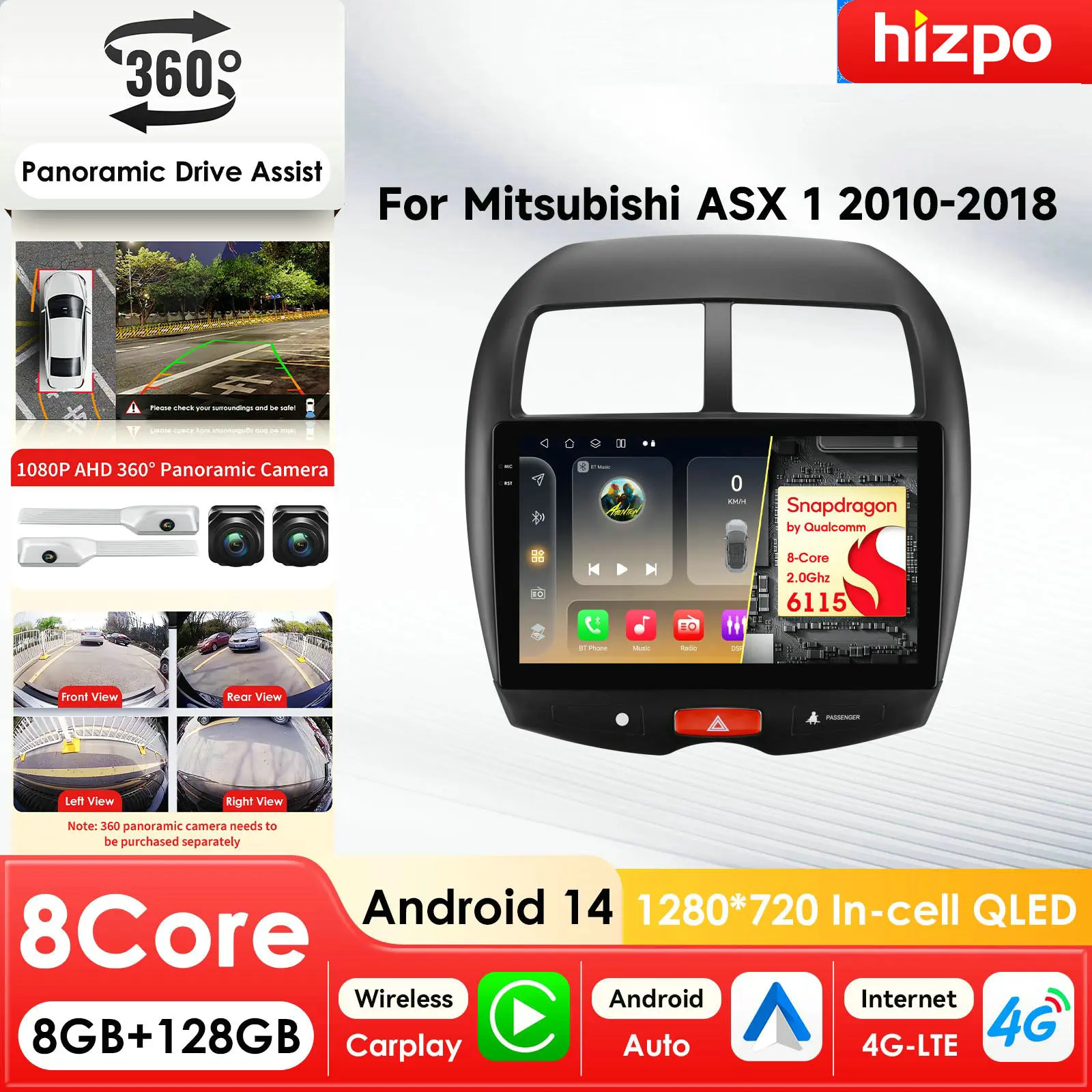 Hizpo pour lecteur multimédia automobile Android Snapdragon pour Mitsubishi ASX 1 2010-2018 GPS Carplay Autoradio 4G Écran intelligent AI