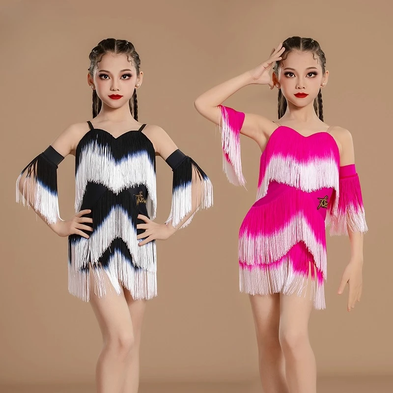 

Latin dancedressforgirls summerhaltergradient tassel one-piece dress new style high-end practice dress Cowboy sambacha-cha rumba