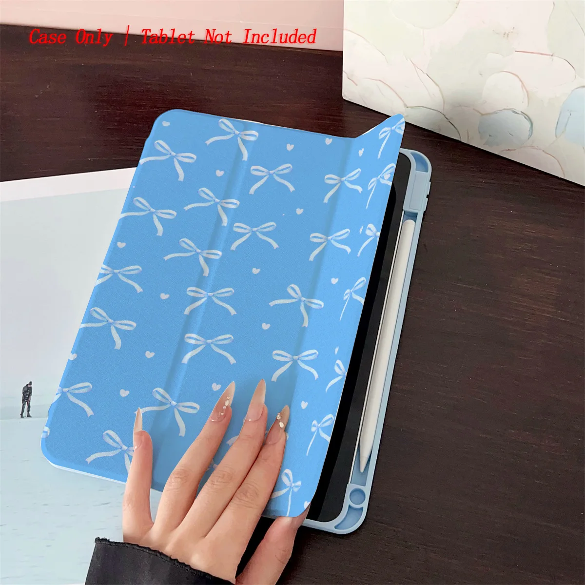Elegant Blue Background & White Bow Tiny Hearts iPad Cover For Apple iPad 9th/10th Gen Air 5 Pro 12.9 Mini 6 Shockproof Case