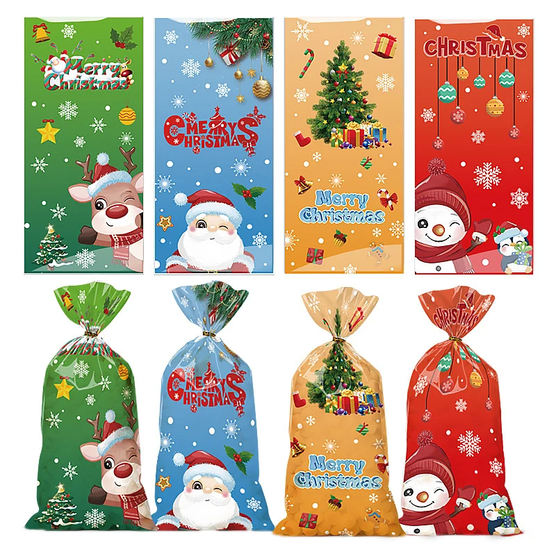 50 Pcs Santa Claus Snowman Mixed Candy Bags Plastic Gift Bag Merry Christmas 2024 Home Decor For Christmas New Year Party