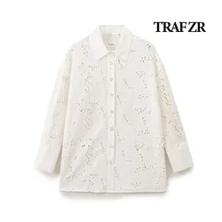 TRAF ZR Embroidery Blouses for Lady Long Sleeve Shirt with Cutouts Elegant Women's Luxury Blouses Harajuku Fashion Y2k Shirt