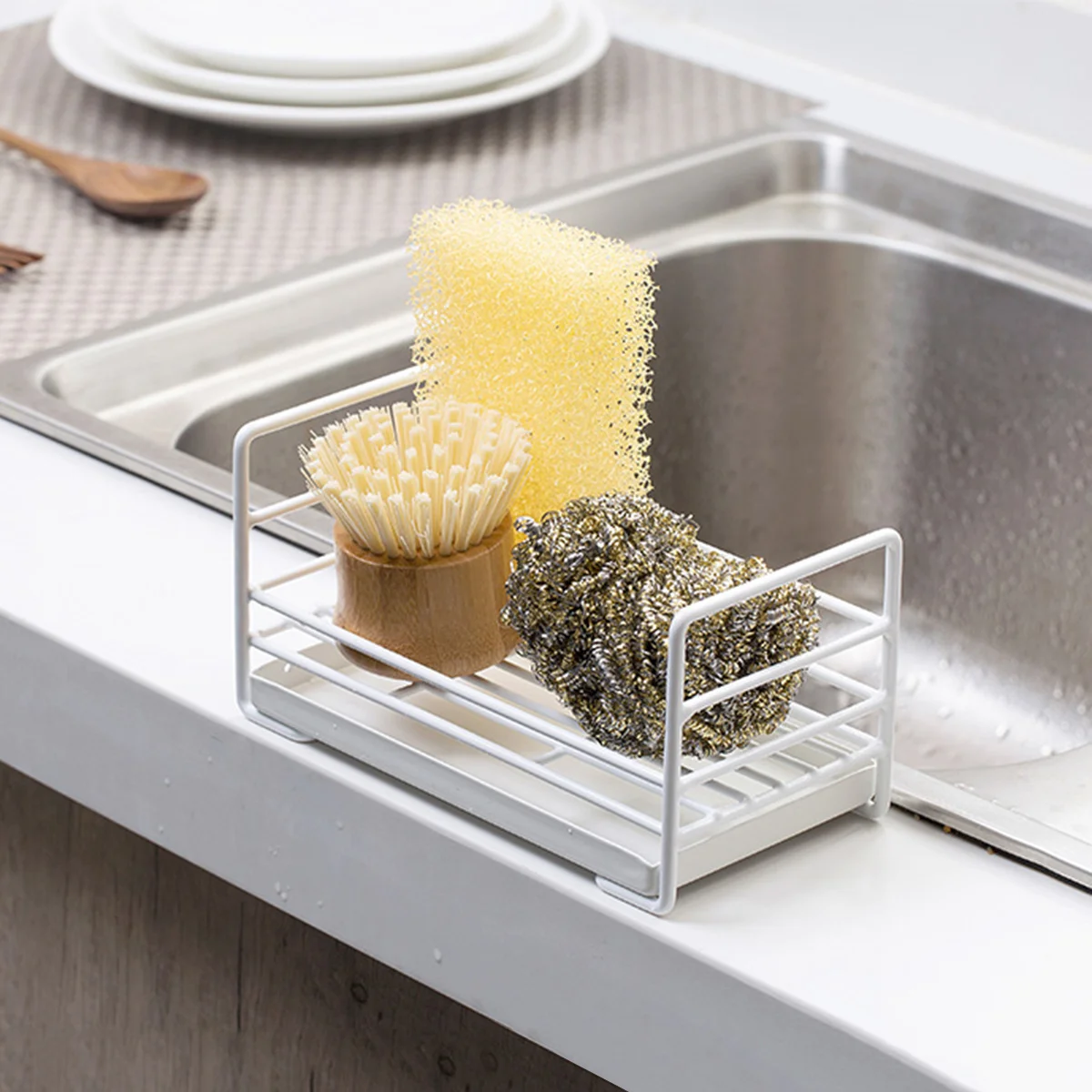 

Countertop Drain Rack Premium Plastic Iron Hollow Design Kitchen Sink Organizer for Sponge Dishcloth Brush Removable Tray