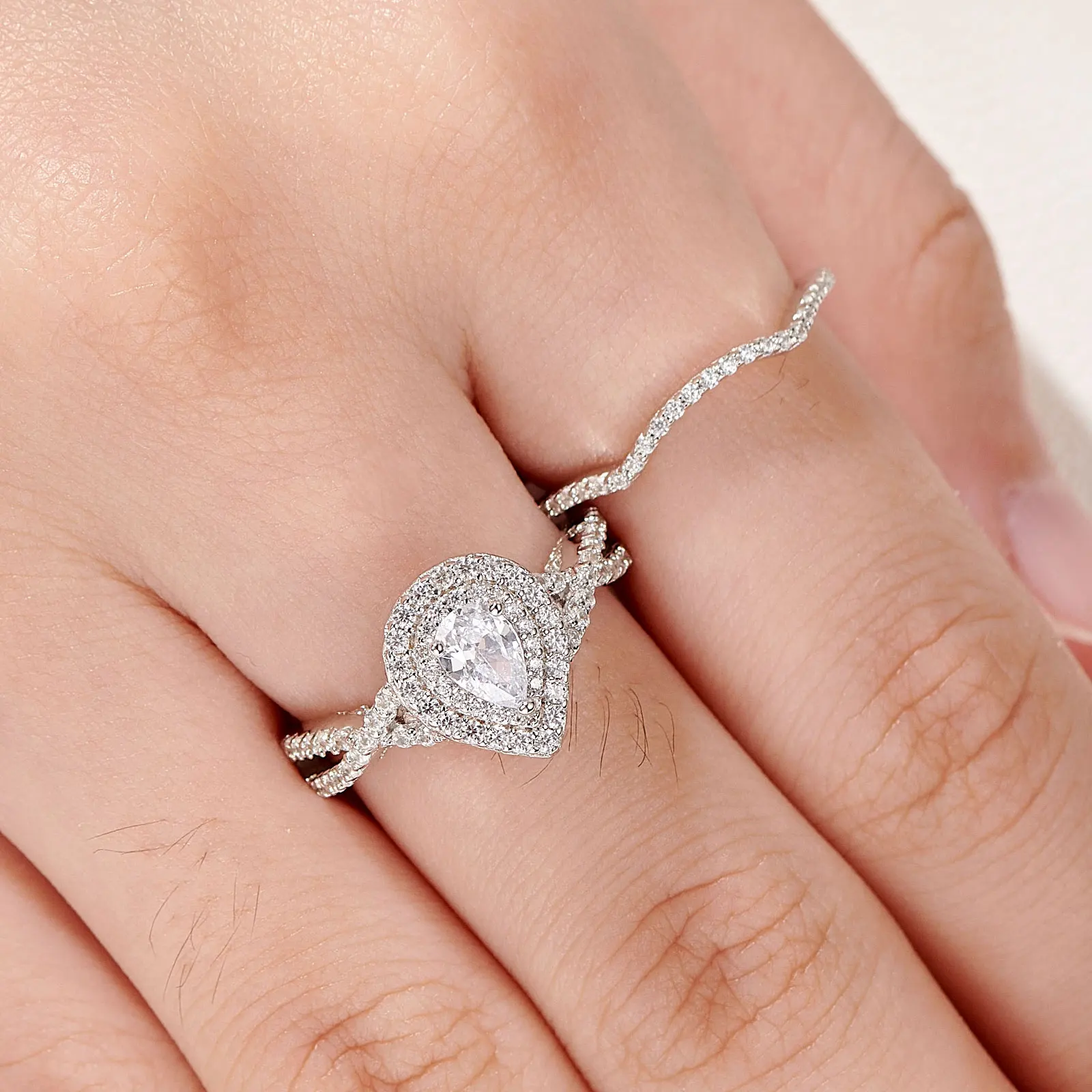 Newshe 2 Pcs 925 Sterling Silver AAAAA Zircon Moissanite Wedding Rings for Women Engagement Ring Sets Pear Shape Teardrop