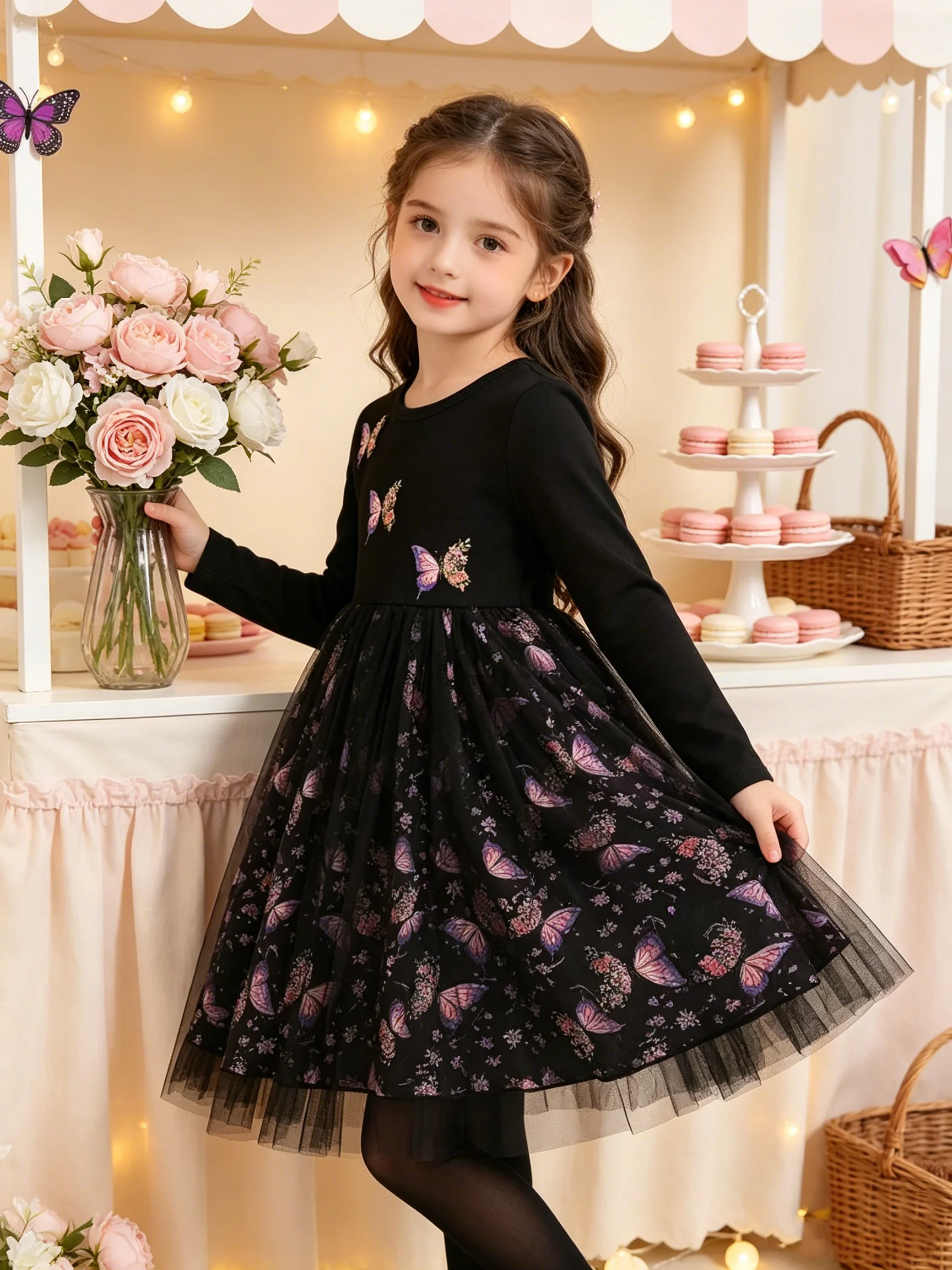 Kinderkleid mit Schmetterlingsdruck und Mesh-Elementen, bequemer Rundhalsausschnitt, lange Ärmel, mittellanger Rock, lässige Partykleidung für Kinder – Detail 2