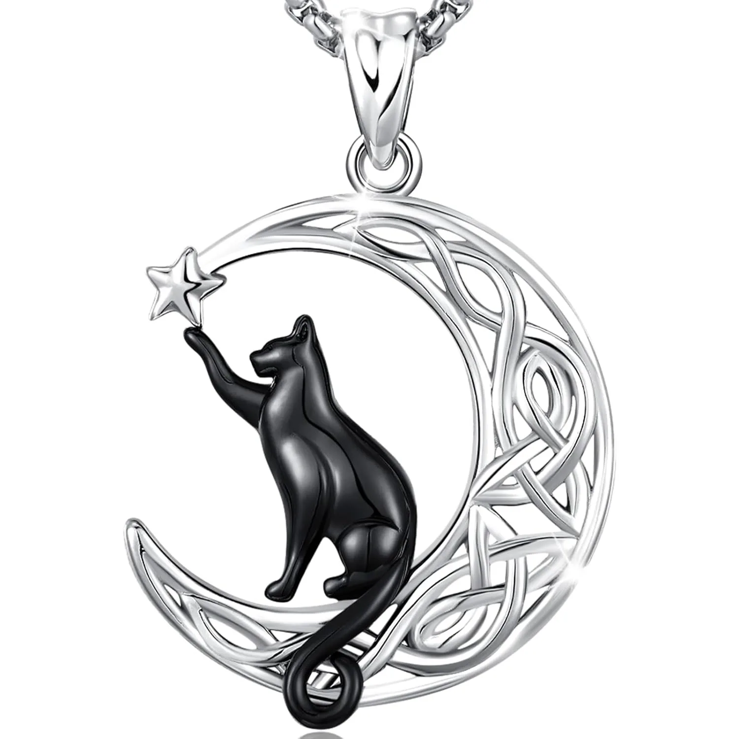 Black Cat Celtic knot Necklace 925 Sterling Silver Cute Animal Pendant Jewelry Gifts for Women Men Graduation Christmas Birthday
