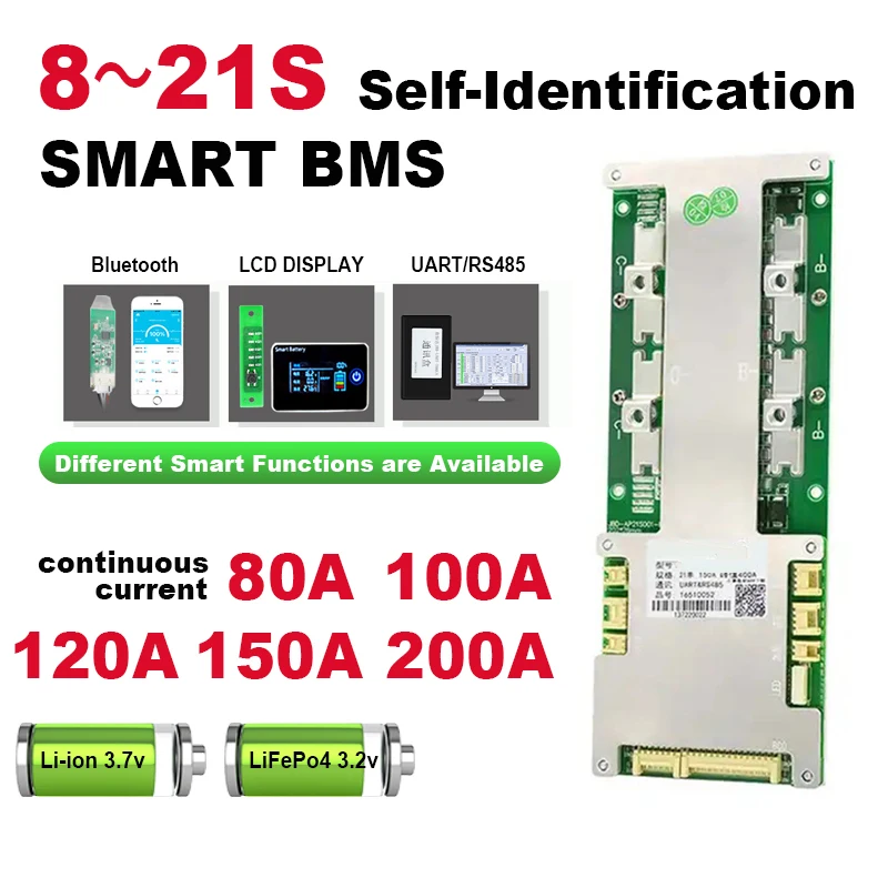 

BT Smart BMS 6-21S Automatically Adaptive 80A 100A 120A 150A 200A RS485 UART Li-ion Lifepo4 Battery Protection board Balanced