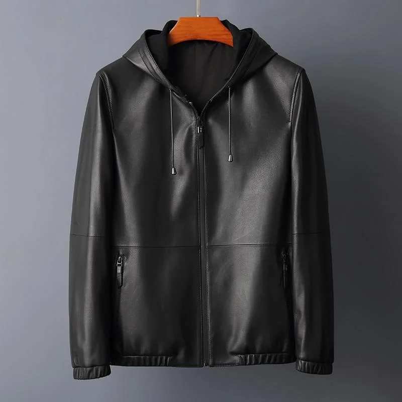 

Genuine Leather Clothes Men Hooded Casual High Quality Trend Handsome Slim Sheepskin Jacket Coat